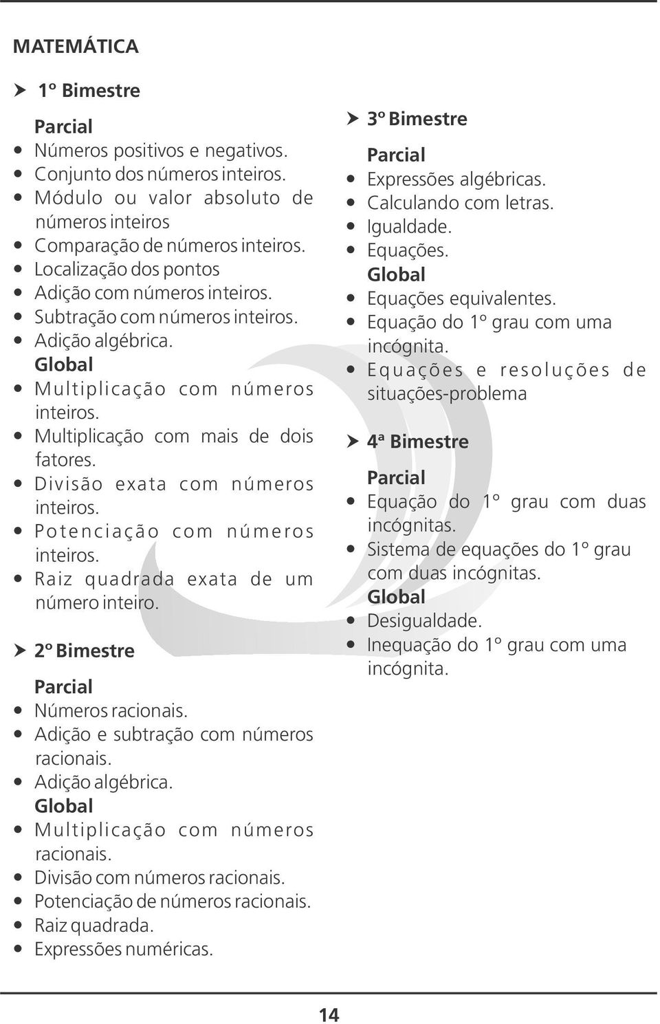 Divisão exata com números inteiros. P o t e n c i a ç ã o c o m n ú m e ro s inteiros. Raiz quadrada exata de um número inteiro. 2º Bimestre Números racionais.