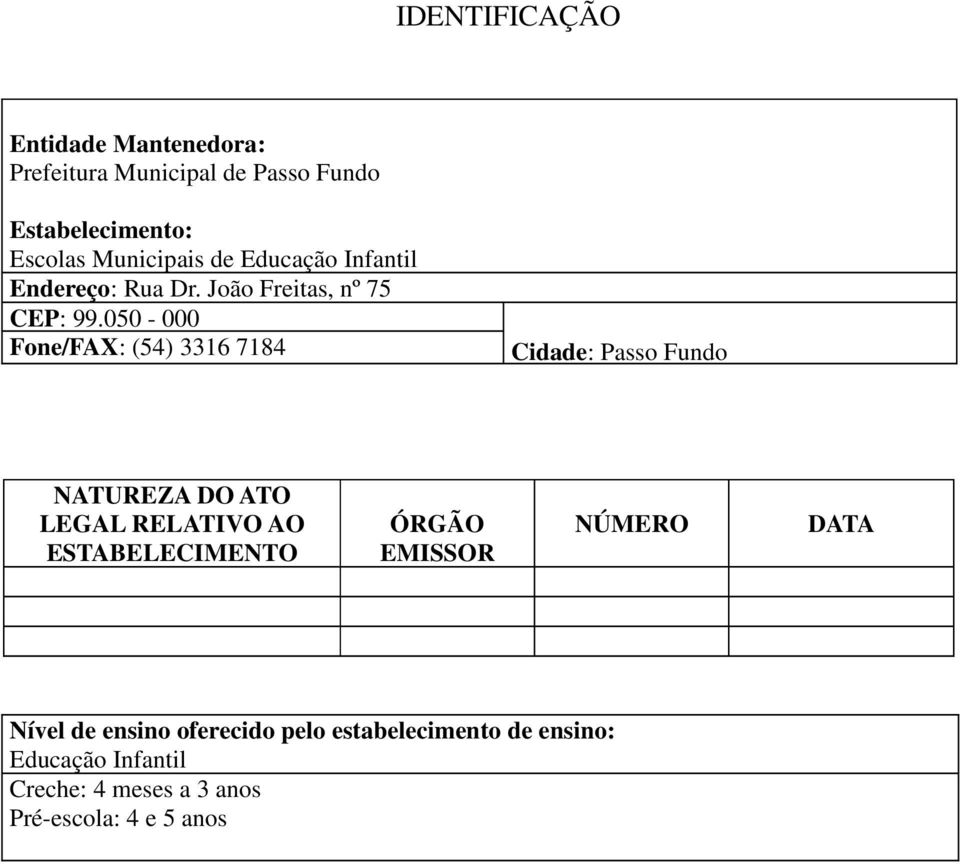 050-000 Fone/FAX: (54) 3316 7184 Cidade: Passo Fundo NATUREZA DO ATO LEGAL RELATIVO AO ESTABELECIMENTO