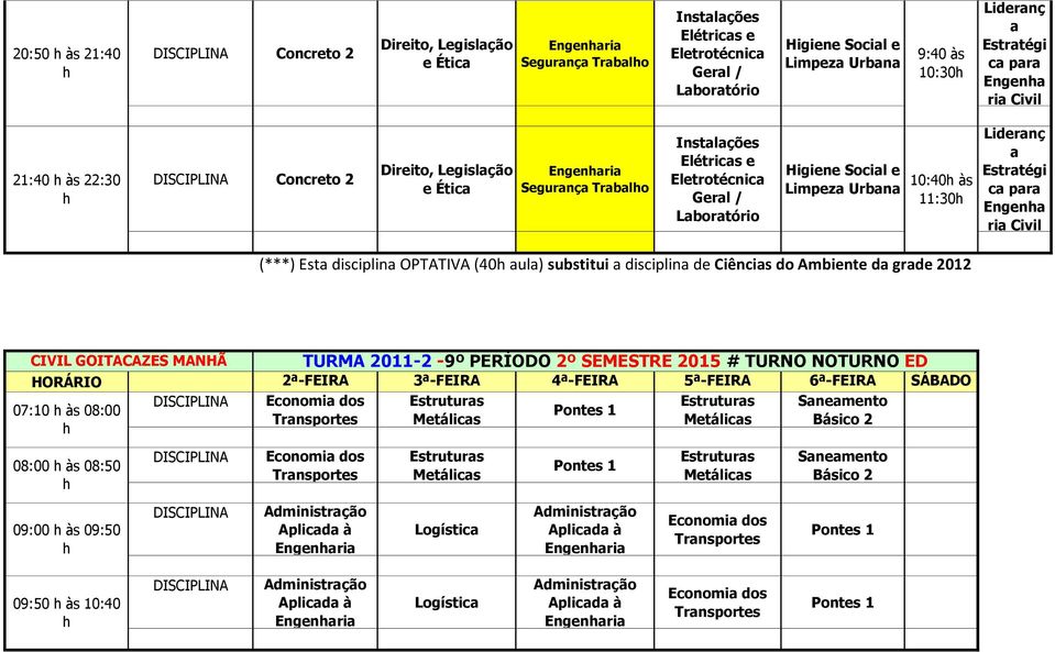 a disciplina de Ciências do Ambiente da grade 2012 CIVIL GOITACAZES MANHÃ TURMA 2011-2 -9º PERÍODO 2º SEMESTRE 2015 # TURNO NOTURNO ED Economia dos Estruturas Estruturas Saneamento 07:10 às 08:00