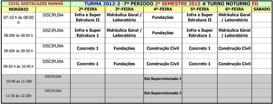 Geral / 09:00 às 09:50 Concreto 1 Fundações Construção Civil Concreto 1 Construção Civil 09:50 às 10:40 Concreto 1