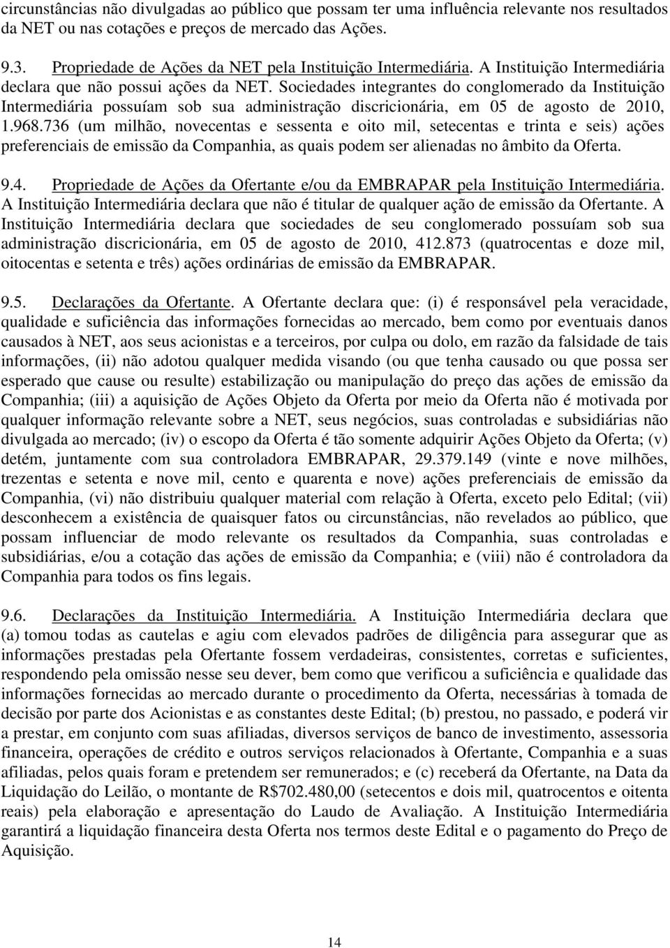 Sociedades integrantes do conglomerado da Instituição Intermediária possuíam sob sua administração discricionária, em 05 de agosto de 2010, 1.968.