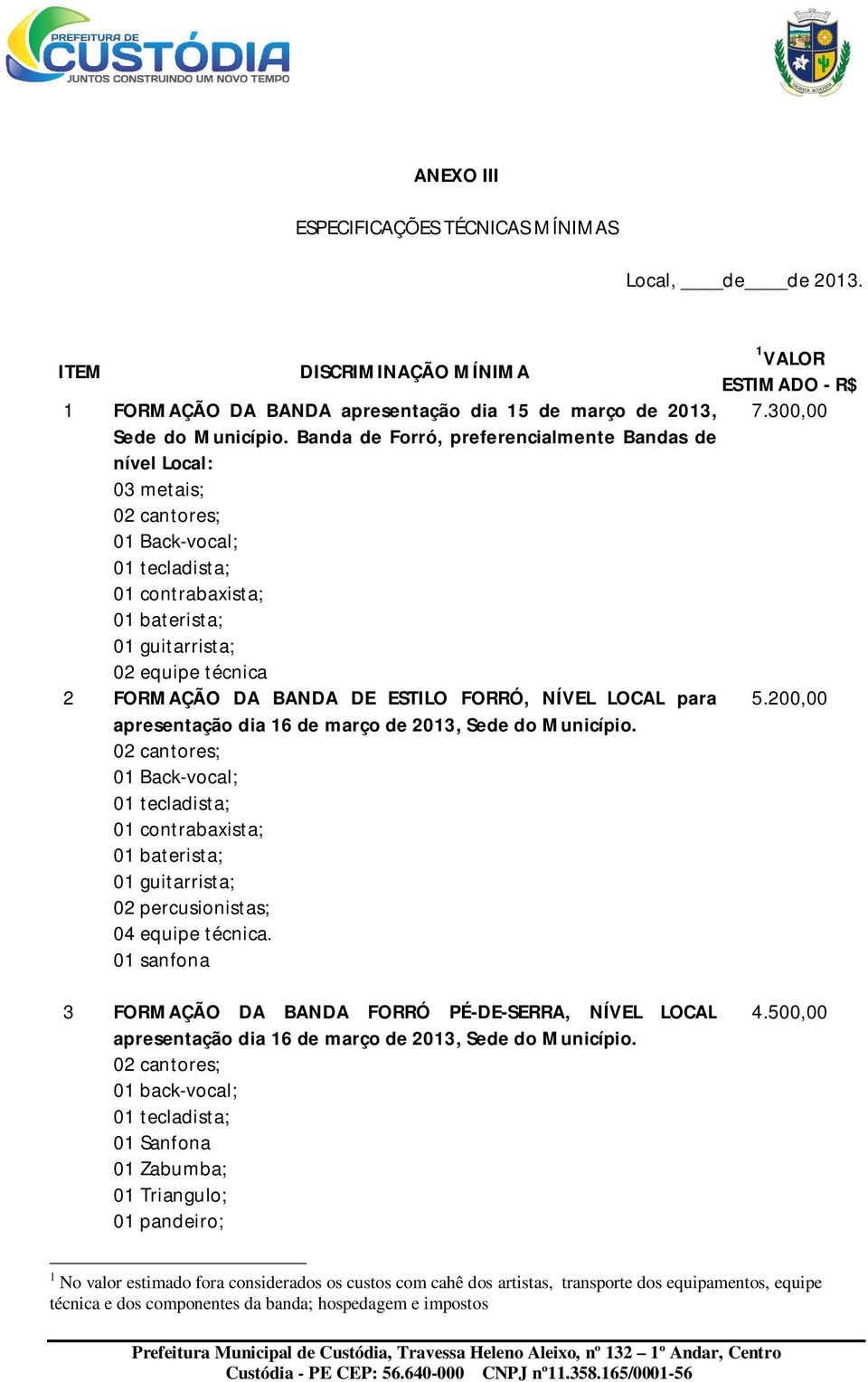 ESTILO FORRÓ, NÍVEL LOCAL para apresentação dia 16 de março de 2013, Sede do Município.