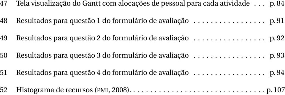 ................ p. 93 51 Resultados para questão 4 do formulário de avaliação................. p. 94 52 Histograma de recursos (PMI, 2008).