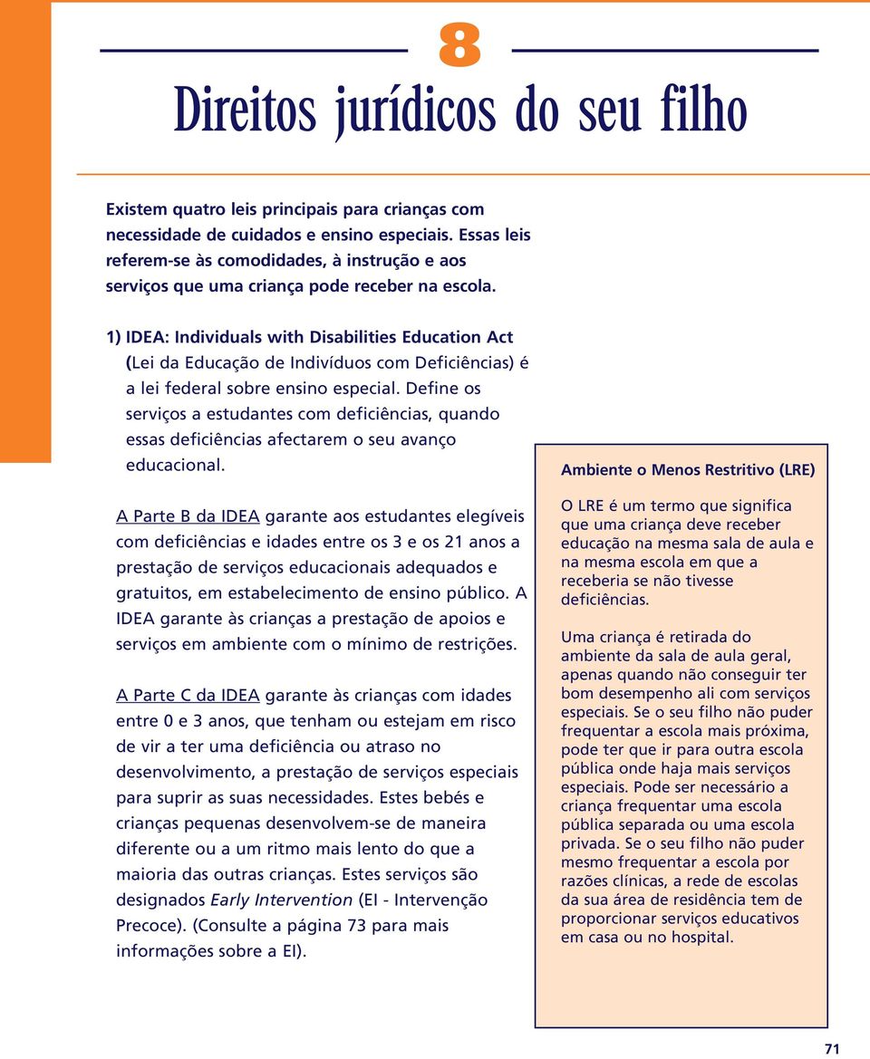 1) IDEA: Individuals with Disabilities Education Act (Lei da Educação de Indivíduos com Deficiências) é a lei federal sobre ensino especial.