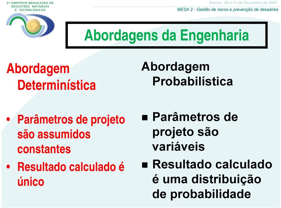 constantes Resultado calculado é único Parâmetros de projeto