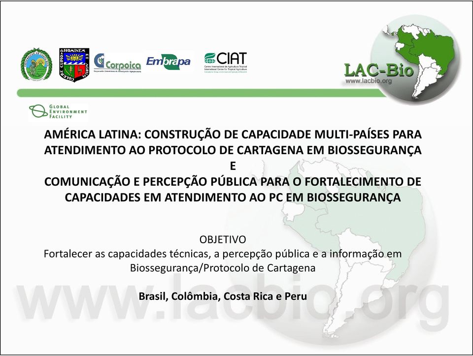 CAPACIDADES EM ATENDIMENTO AO PC EM BIOSSEGURANÇA OBJETIVO Fortalecer as capacidades técnicas,