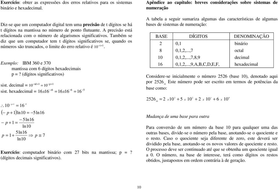 hdcml 66 p 6 p l6 p l l6 p l td p l l6 p 7 th 66 6 6 Ercíco: computdor áro com 7 ts mtss; p? dígtos dcms sgfctvos. t. Apêdc o cpítulo: rvs cosdrçõs sor sstms d umrção A tl sgur sumrz lgums ds crctrístcs d lgums ss d sstms d umrção: BASE DÍGITOS DENOMINAÇÃO 8 6,,,,.