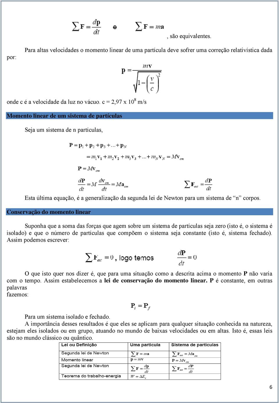 Conservação do momento linear Suponha que a soma das forças que agem sobre um sistema de partículas seja zero (isto é, o sistema é isolado) e que o número de partículas que compõem o sistema seja