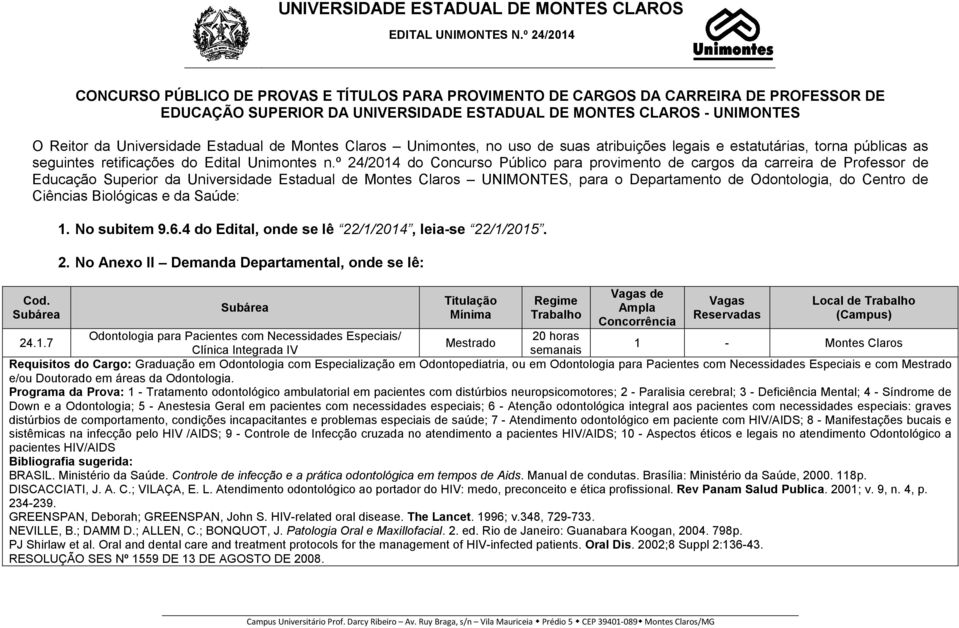 º 24/2014 do Concurso Público para provimento de cargos da carreira de Professor de Educação Superior da Universidade Estadual de Montes Claros UNIMONTES, para o Departamento de Odontologia, do