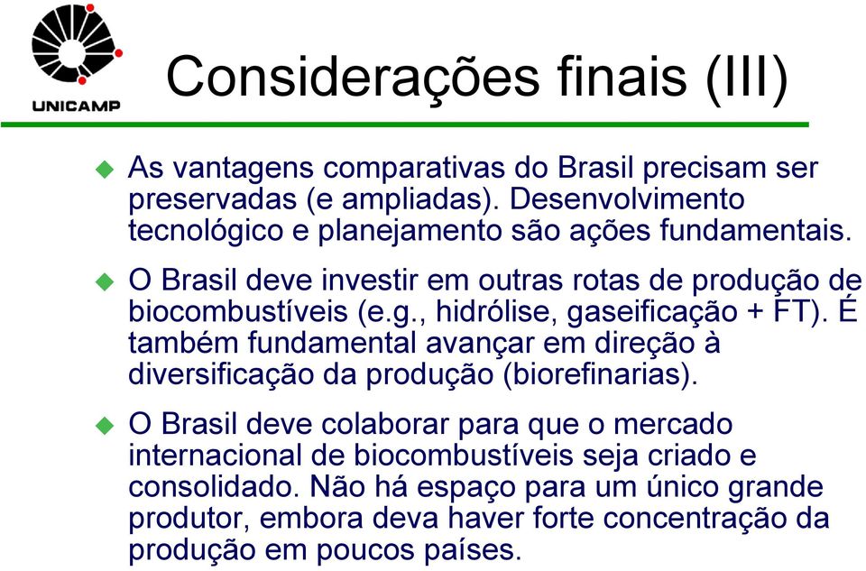 É também fundamental avançar em direção à diversificação da produção (biorefinarias).