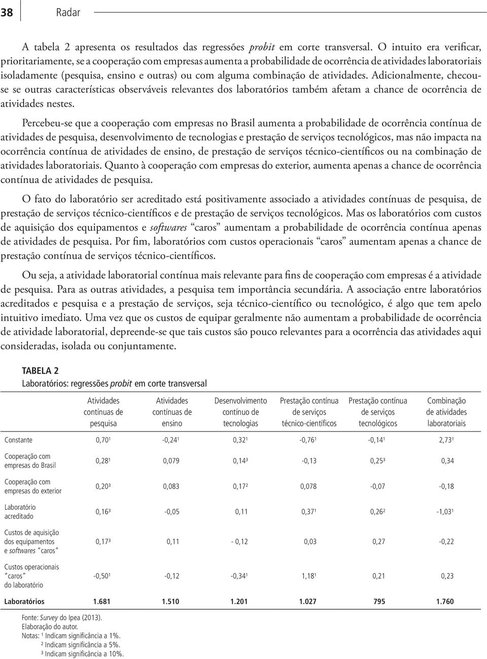 combinação de atividades. Adicionalmente, checouse se outras características observáveis relevantes dos laboratórios também afetam a chance de ocorrência de atividades nestes.