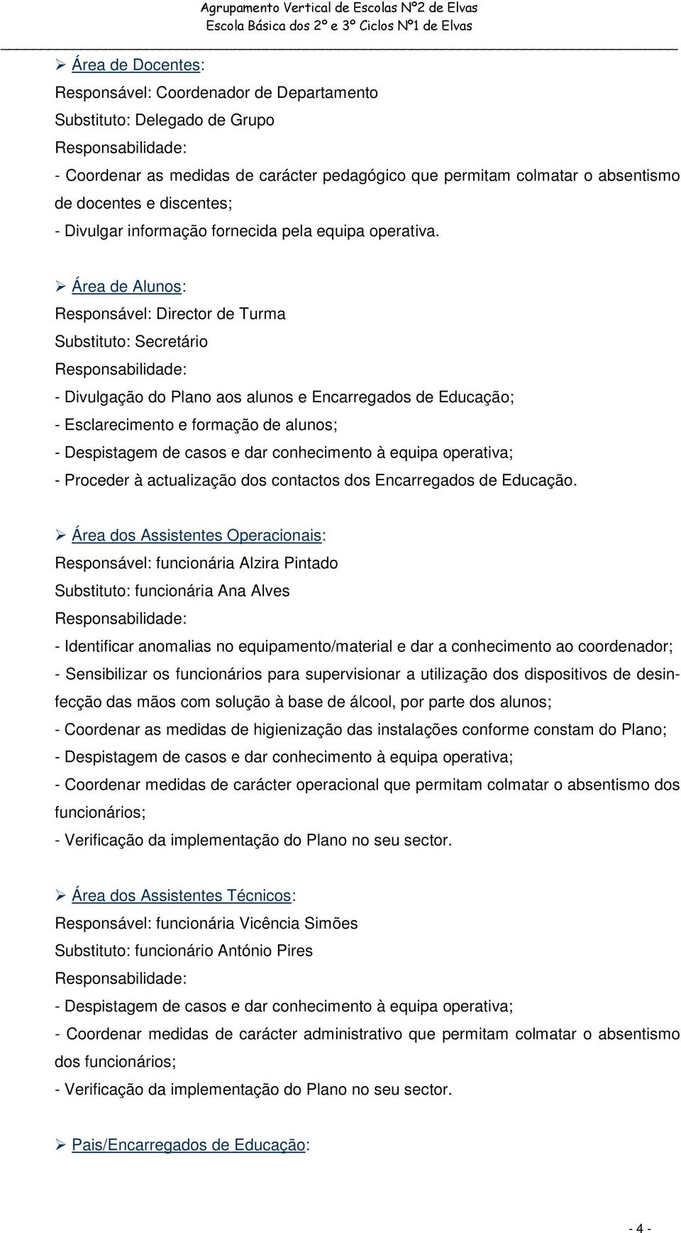 Área de Alunos: Responsável: Director de Turma Substituto: Secretário Responsabilidade: - Divulgação do Plano aos alunos e Encarregados de Educação; - Esclarecimento e formação de alunos; -