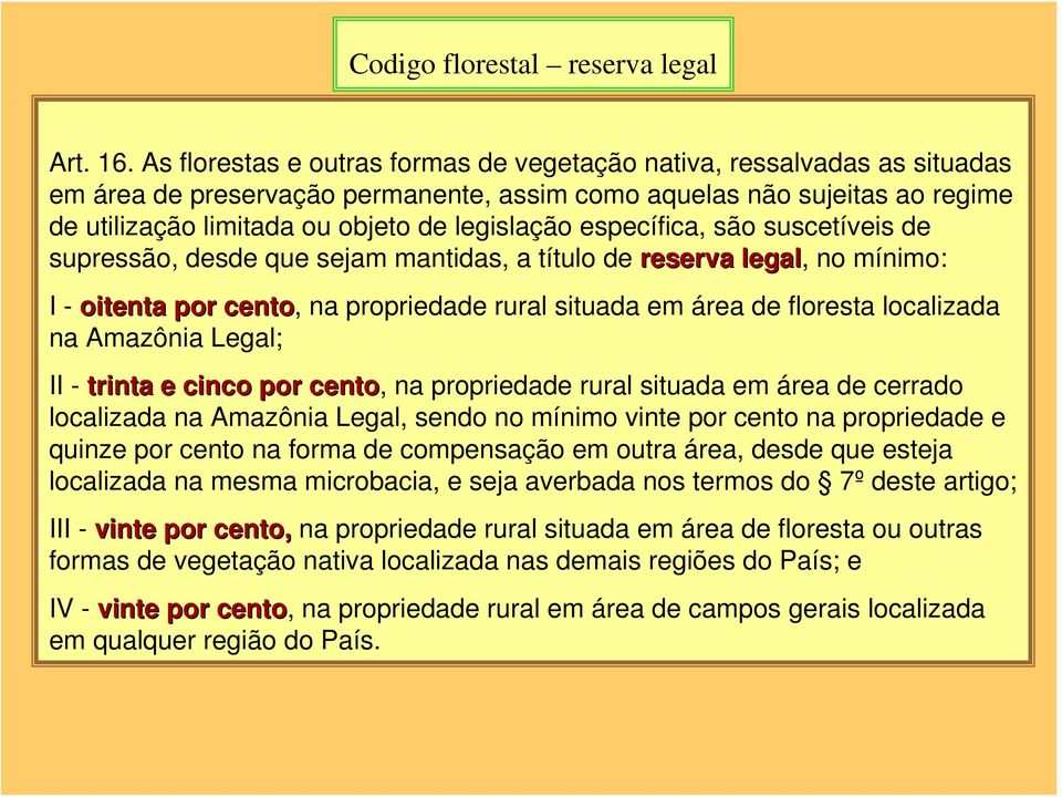 específica, são suscetíveis de supressão, desde que sejam mantidas, a título de reserva legal, no mínimo: I - oitenta por cento, na propriedade rural situada em área de floresta localizada na