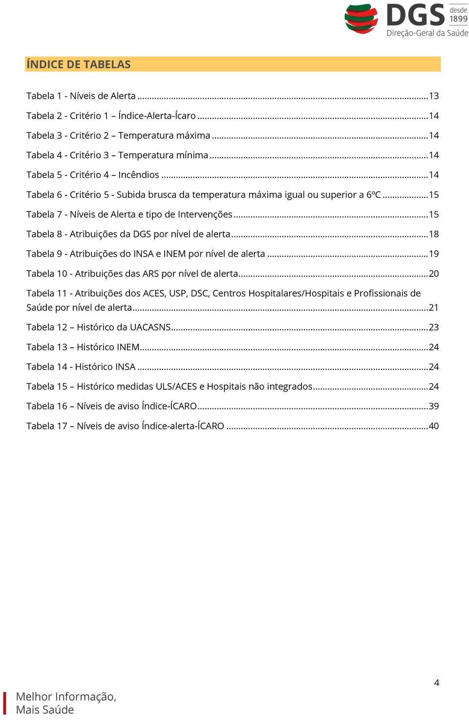 .. 15 Tabela 8 - Atribuições da DGS por nível de alerta... 18 Tabela 9 - Atribuições do INSA e INEM por nível de alerta... 19 Tabela 10 - Atribuições das ARS por nível de alerta.