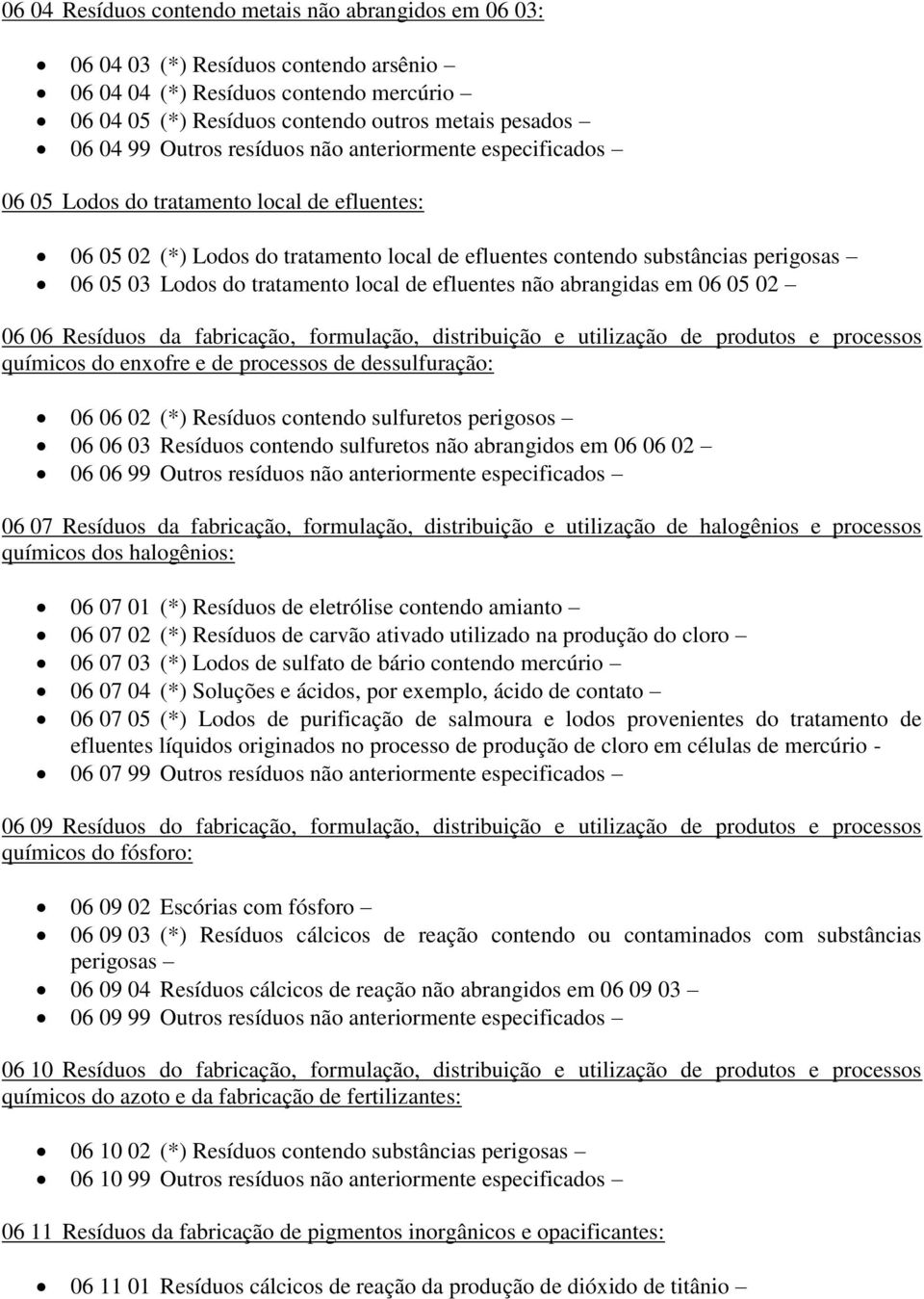 local de efluentes não abrangidas em 06 05 02 06 06 Resíduos da fabricação, formulação, distribuição e utilização de produtos e processos químicos do enxofre e de processos de dessulfuração: 06 06 02