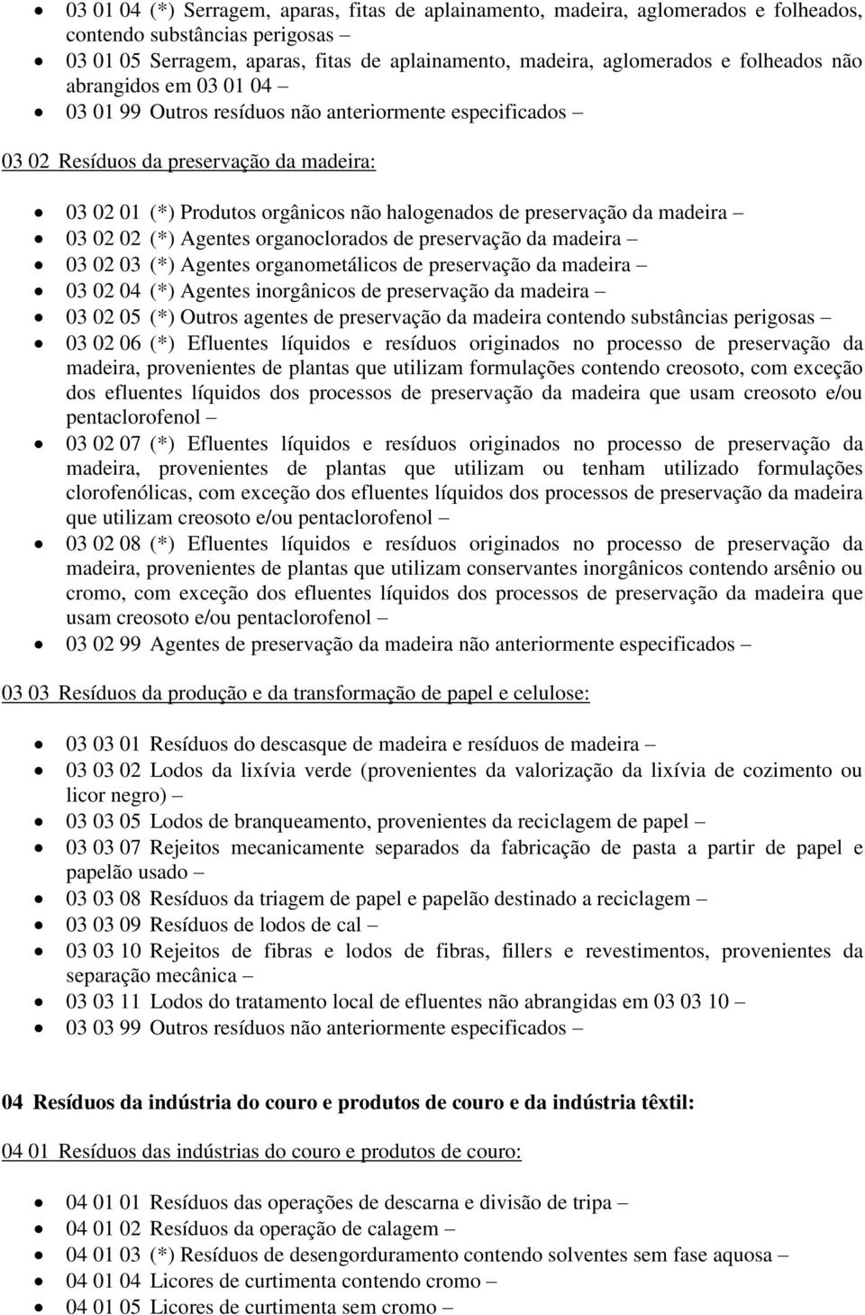 02 02 (*) Agentes organoclorados de preservação da madeira 03 02 03 (*) Agentes organometálicos de preservação da madeira 03 02 04 (*) Agentes inorgânicos de preservação da madeira 03 02 05 (*)