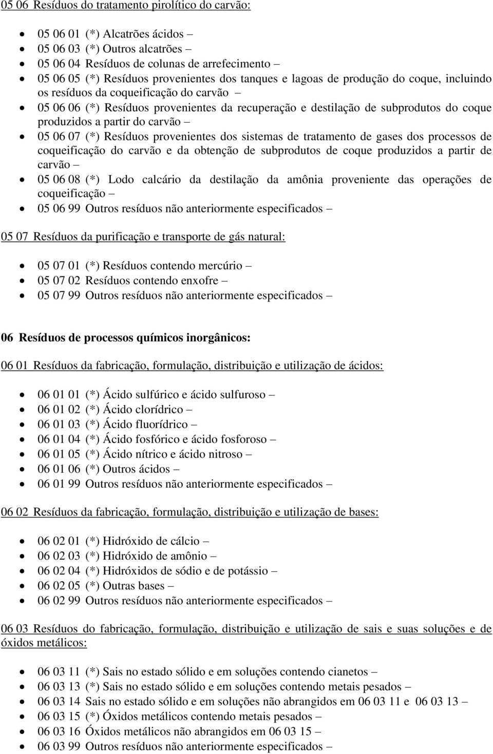 carvão 05 06 07 (*) Resíduos provenientes dos sistemas de tratamento de gases dos processos de coqueificação do carvão e da obtenção de subprodutos de coque produzidos a partir de carvão 05 06 08 (*)