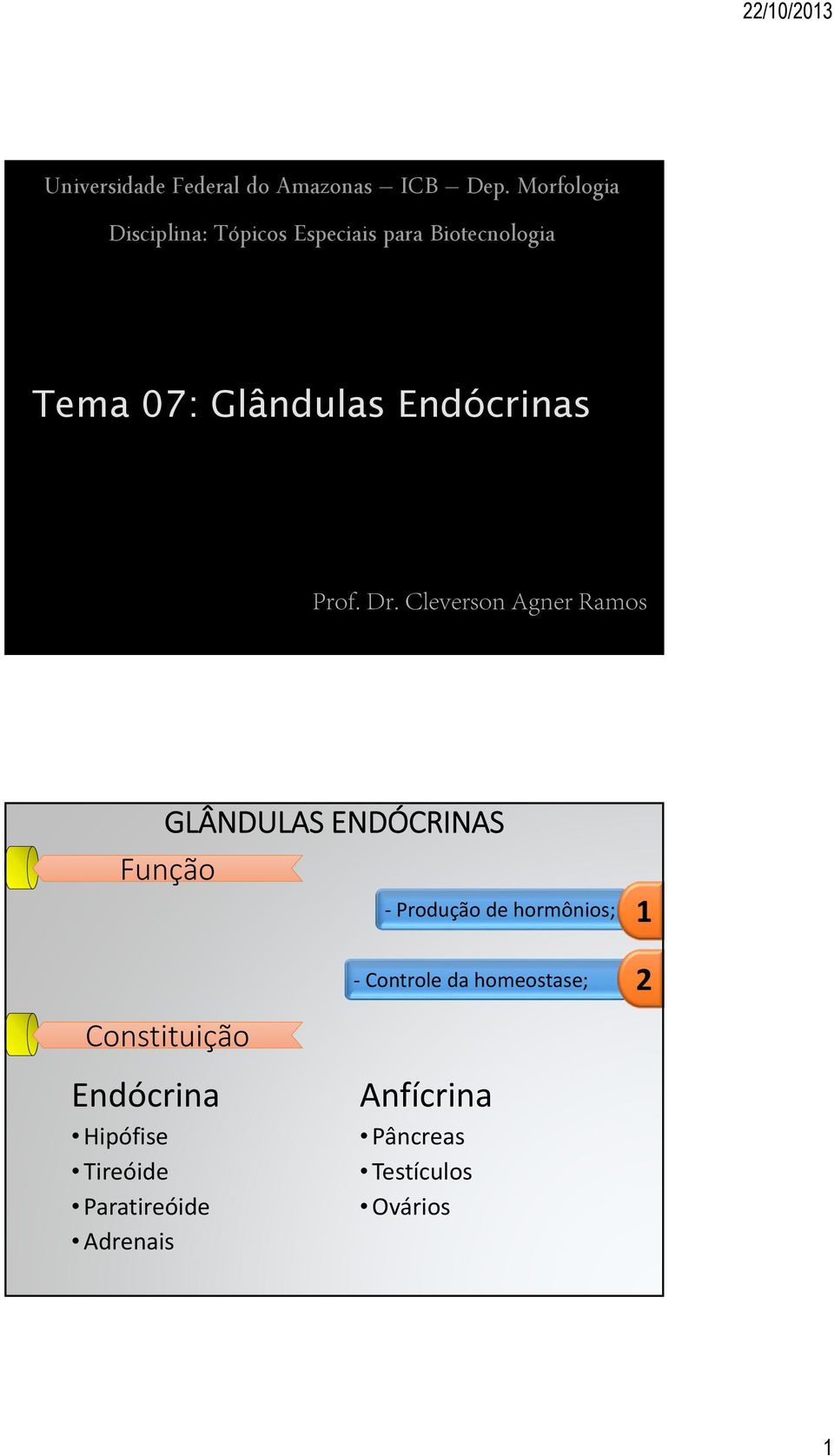 Glândulas Endócrinas Função Produção de hormônios; 1 Constituição