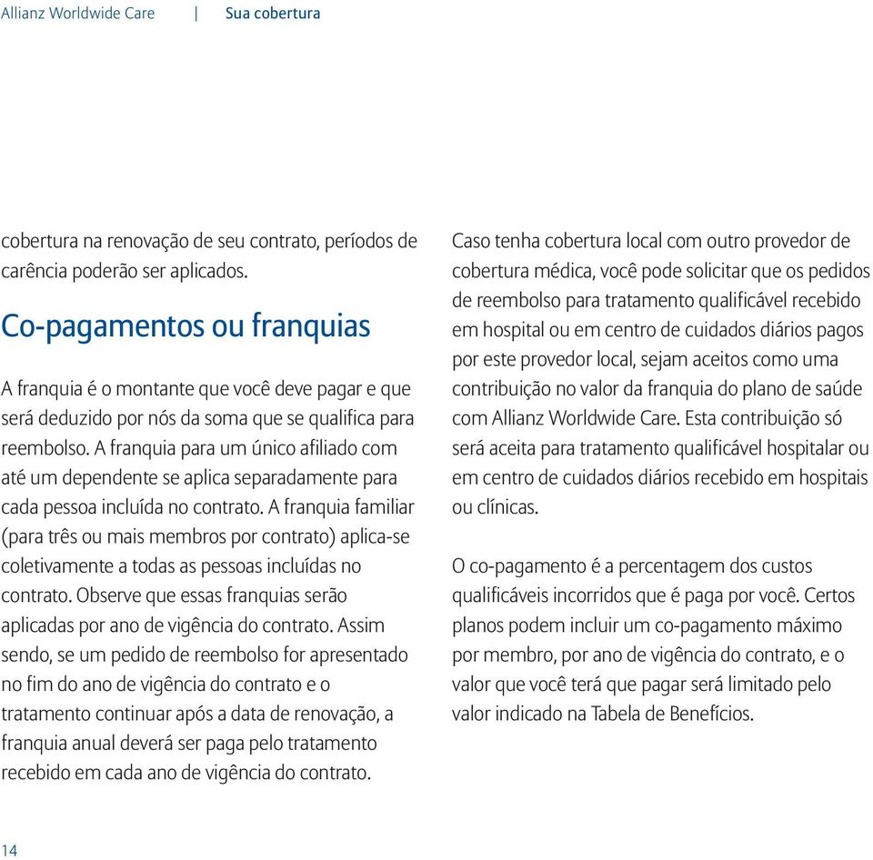 A franquia para um único afiliado com até um dependente se aplica separadamente para cada pessoa incluída no contrato.