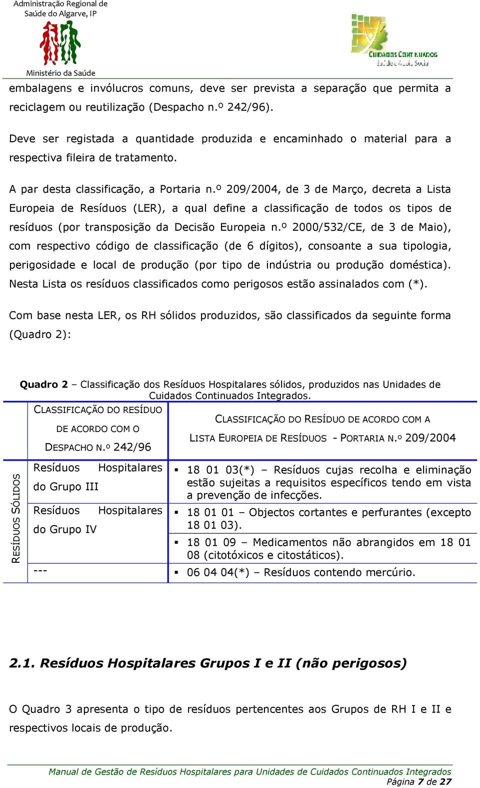 º 209/2004, de 3 de Março, decreta a Lista Europeia de Resíduos (LER), a qual define a classificação de todos os tipos de resíduos (por transposição da Decisão Europeia n.