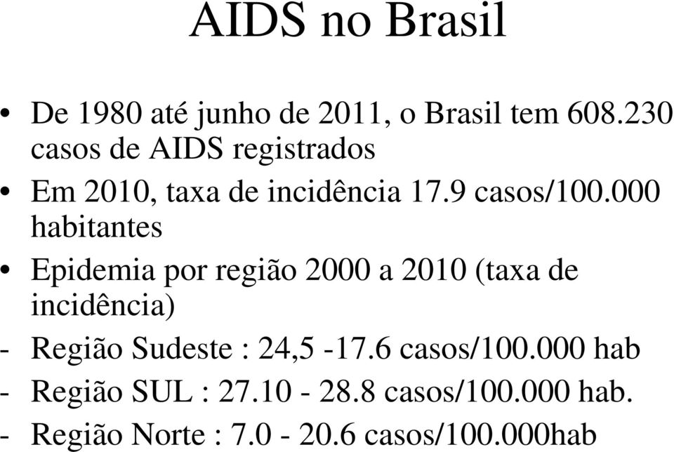 000 habitantes Epidemia por região 2000 a 2010 (taxa de incidência) - Região