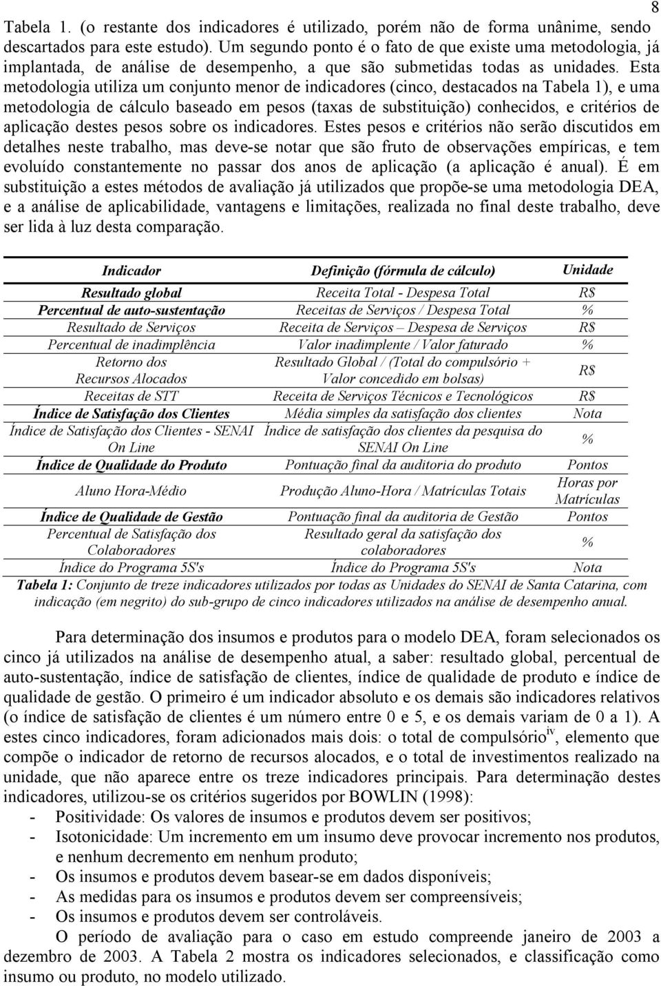 Esta metodologia utiliza um conunto menor de indicadores (cinco, destacados na Tabela 1), e uma metodologia de cálculo baseado em pesos (taxas de substituição) conhecidos, e critérios de aplicação