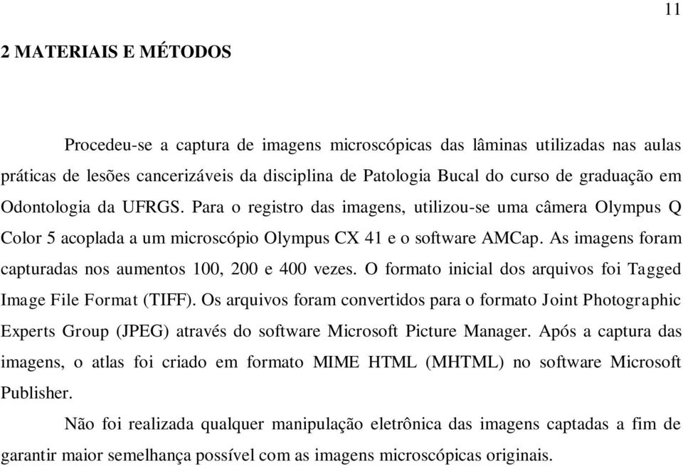 As imagens foram capturadas nos aumentos 100, 200 e 400 vezes. O formato inicial dos arquivos foi Tagged Image File Format (TIFF).