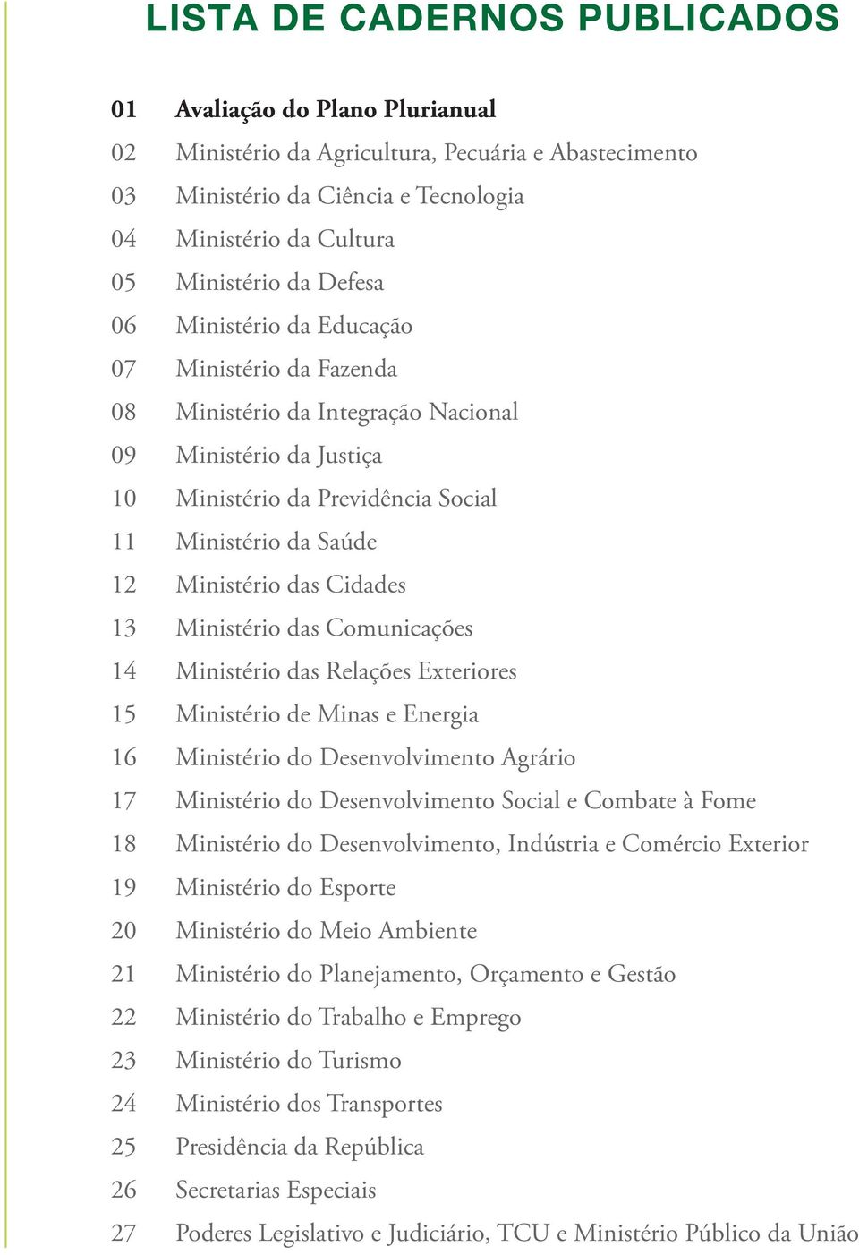 Cidades 13 Ministério das Comunicações 14 Ministério das Relações Exteriores 15 Ministério de Minas e Energia 16 Ministério do Desenvolvimento Agrário 17 Ministério do Desenvolvimento Social e