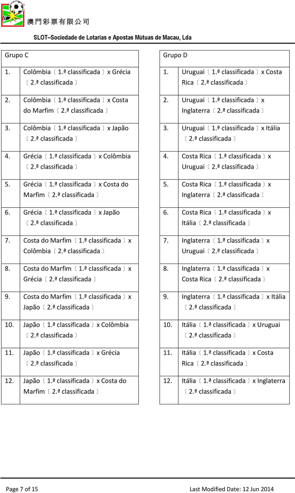 Japão 1.ª classificada x Grécia 12. Japão 1.ª classificada x Costa do Marfim Grupo D 1. Uruguai 1.ª classificada x Costa Rica 2. Uruguai 1.ª classificada x Inglaterra 3. Uruguai 1.ª classificada x Itália 4.