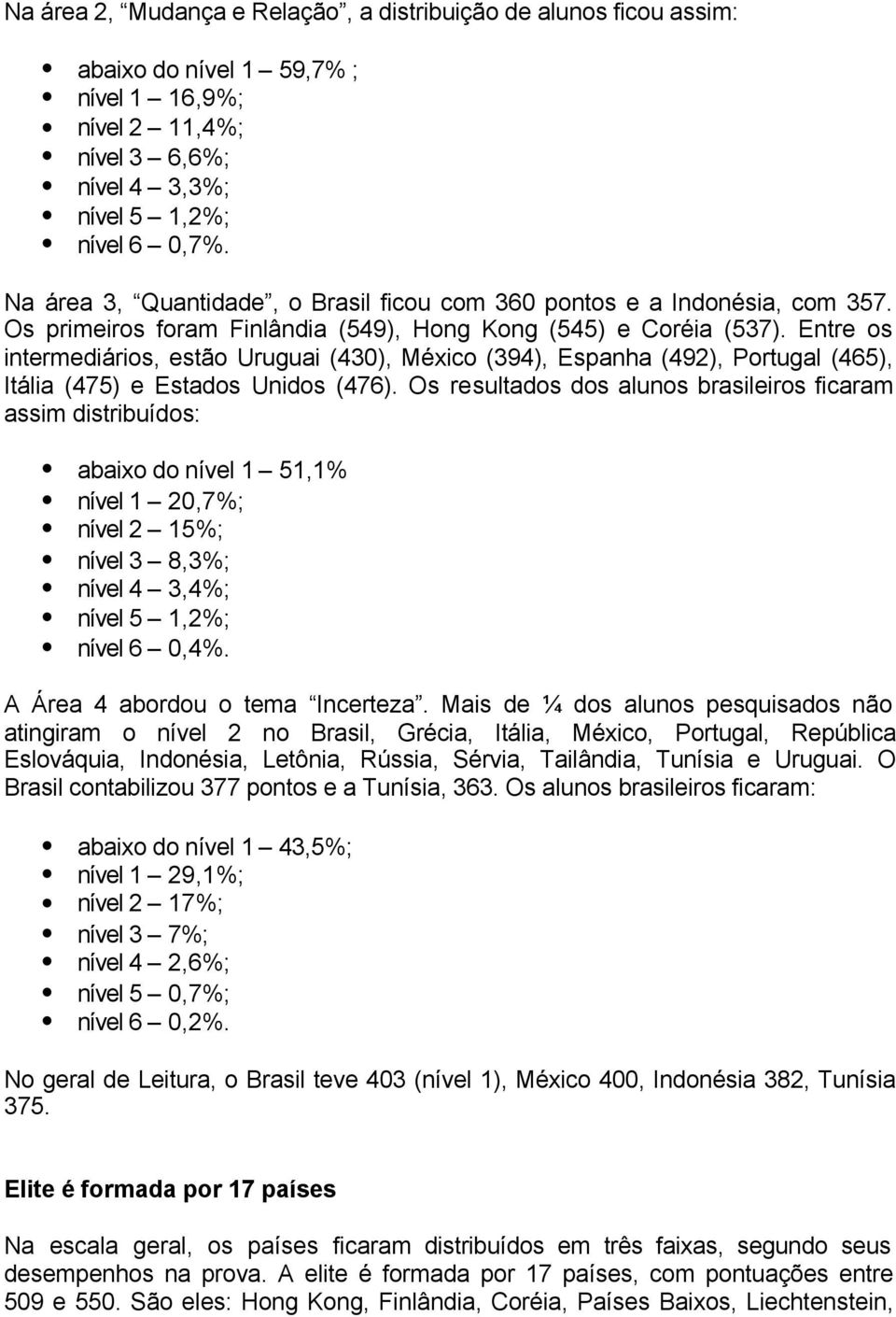 Entre os intermediários, estão Uruguai (430), México (394), Espanha (492), Portugal (465), Itália (475) e Estados Unidos (476).