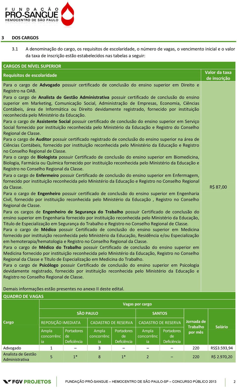 Requisitos de escolaridade Para o cargo de Advogado possuir certificado de conclusão do ensino superior em Direito e Registro na OAB.