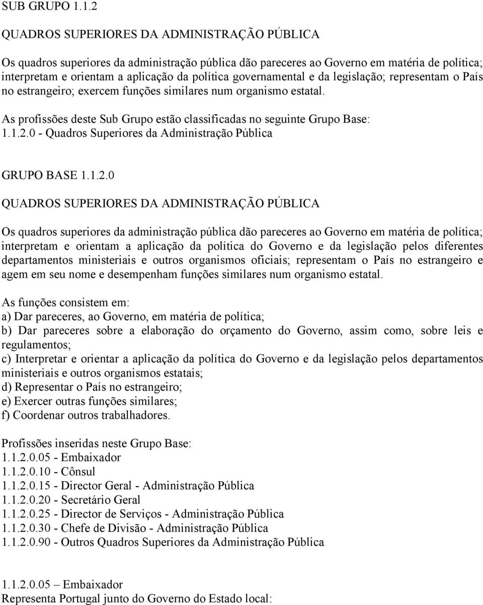 governamental e da legislação; representam o País no estrangeiro; exercem funções similares num organismo estatal. As profissões deste Sub Grupo estão classificadas no seguinte Grupo Base: 1.1.2.