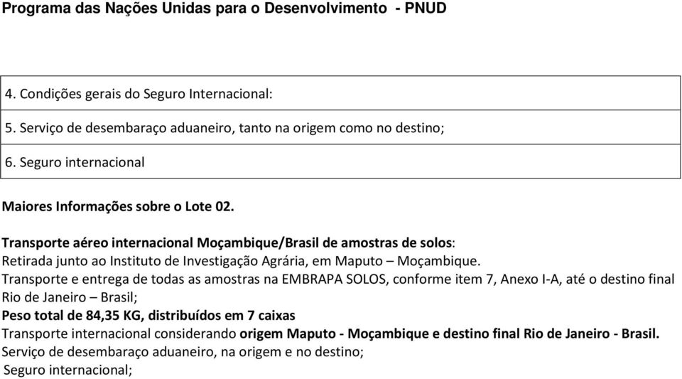 Transporte aéreo internacional Moçambique/Brasil de amostras de solos: Retirada junto ao Instituto de Investigação Agrária, em Maputo Moçambique.