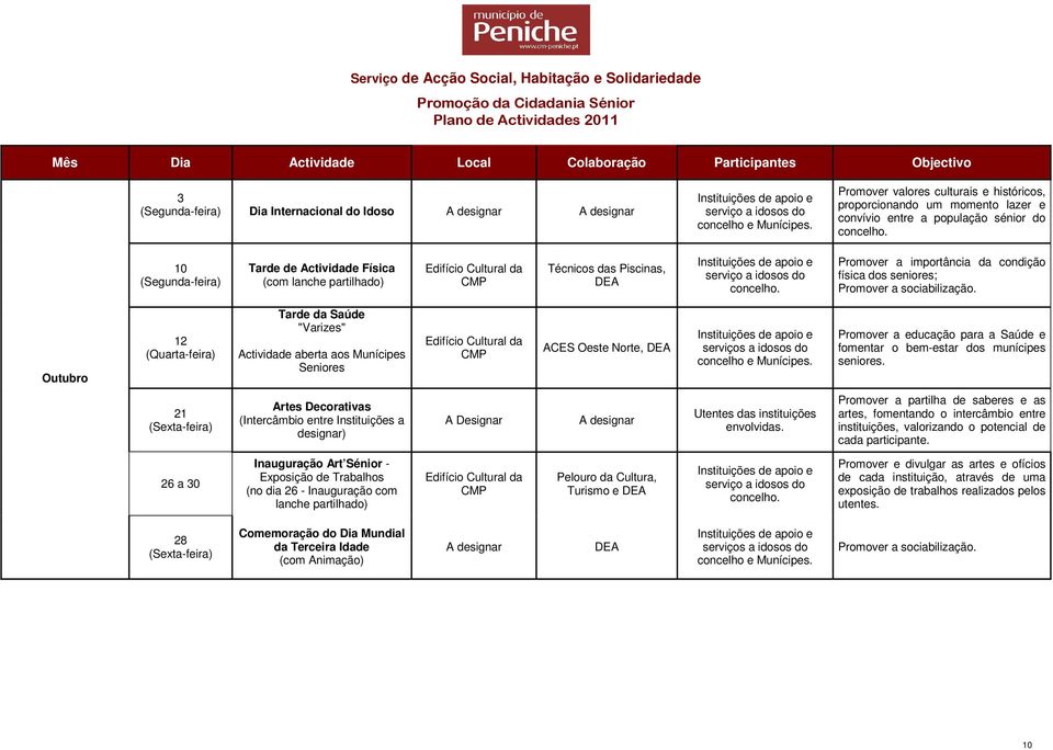 10 (Segunda-feira) Tarde de Actividade Física Edifício Cultural da CMP Técnicos das Piscinas, serviço a idosos do concelho.
