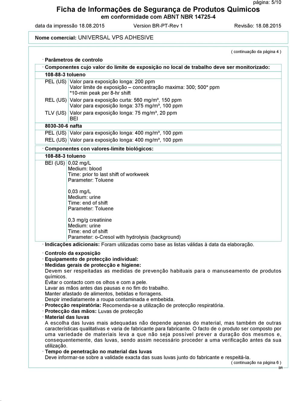 Valor para exposição longa: 375 mg/m³, 100 ppm TLV (US) Valor para exposição longa: 75 mg/m³, 20 ppm BEI 8030-30-6 nafta PEL (US) Valor para exposição longa: 400 mg/m³, 100 ppm REL (US) Valor para