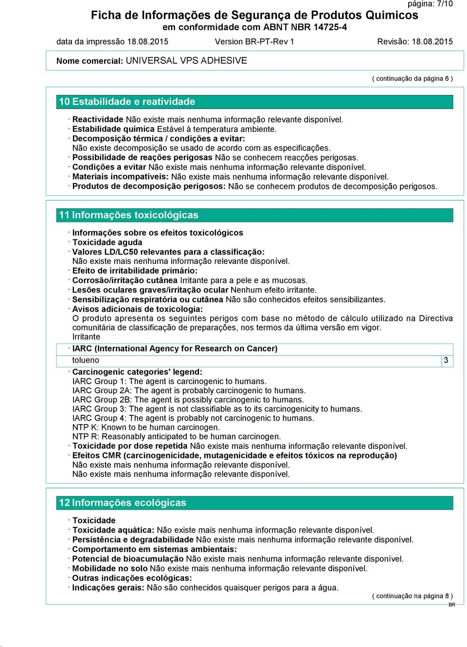 Possibilidade de reações perigosas Não se conhecem reacções perigosas. Condições a evitar Não existe mais nenhuma informação relevante disponível.