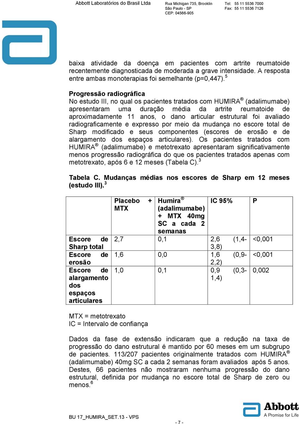 estrutural foi avaliado radiograficamente e expresso por meio da mudança no escore total de Sharp modificado e seus componentes (escores de erosão e de alargamento dos espaços articulares).