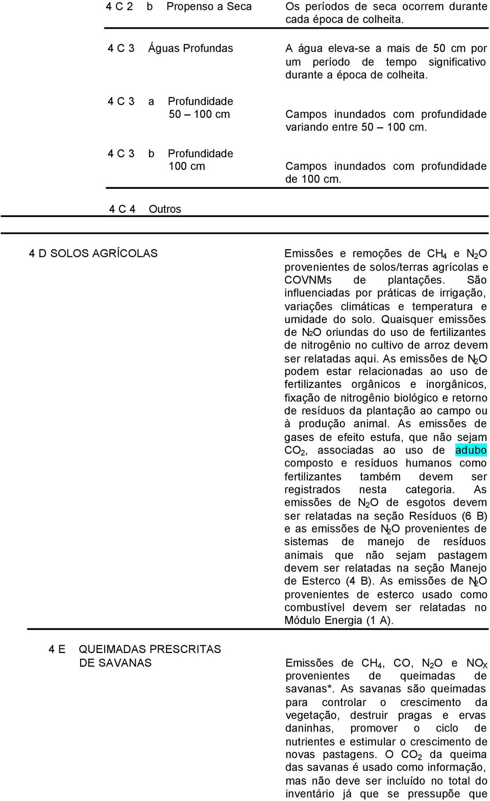 4 C 3 a Profundidade 50 100 cm Campos inundados com profundidade variando entre 50 100 cm. 4 C 3 b Profundidade 100 cm Campos inundados com profundidade de 100 cm.