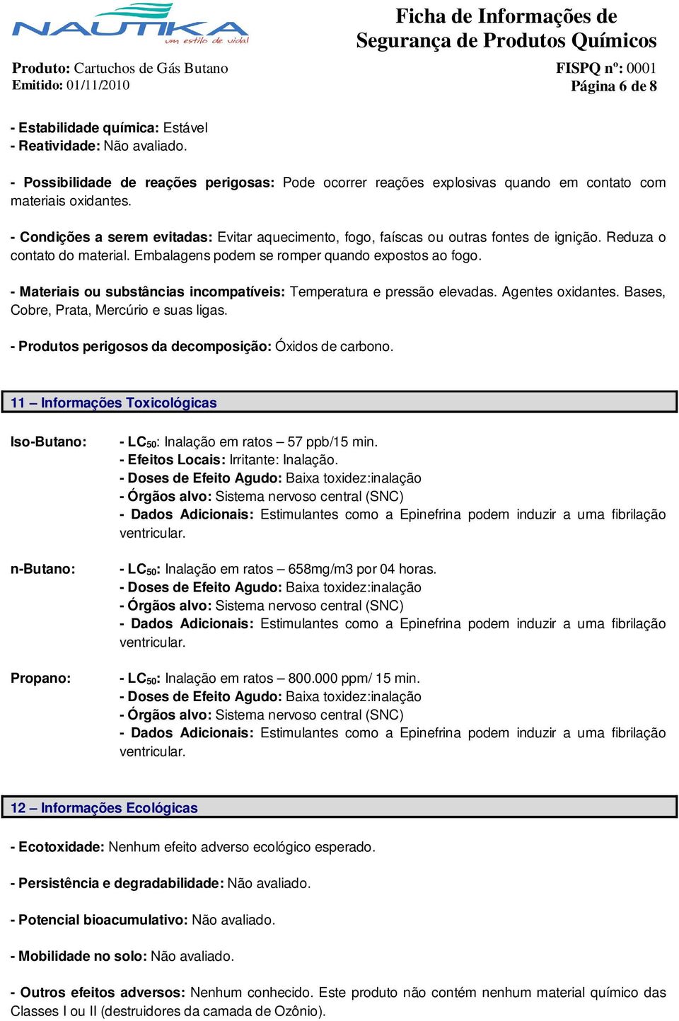 - Materiais ou substâncias incompatíveis: Temperatura e pressão elevadas. Agentes oxidantes. Bases, Cobre, Prata, Mercúrio e suas ligas. - Produtos perigosos da decomposição: Óxidos de carbono.