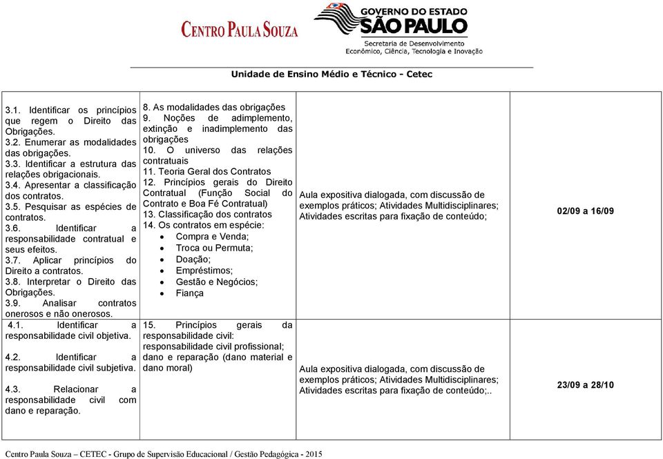 Interpretar o Direito das Obrigações. 3.9. Analisar contratos onerosos e não onerosos. 4.1. Identificar a responsabilidade civil objetiva. 4.2. Identificar a responsabilidade civil subjetiva. 4.3. Relacionar a responsabilidade civil com dano e reparação.