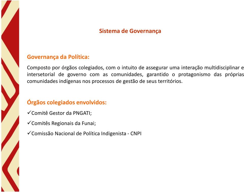 das próprias comunidades indígenas nos processos de gestão de seus territórios.