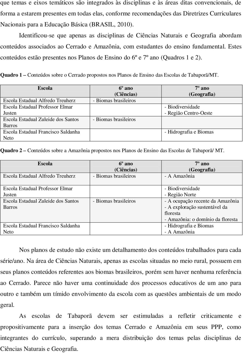 Estes conteúdos estão presentes nos Planos de Ensino do 6º e 7º ano (Quadros 1 e 2). Quadro 1 Conteúdos sobre o Cerrado propostos nos Planos de Ensino das Escolas de Tabaporã/MT.