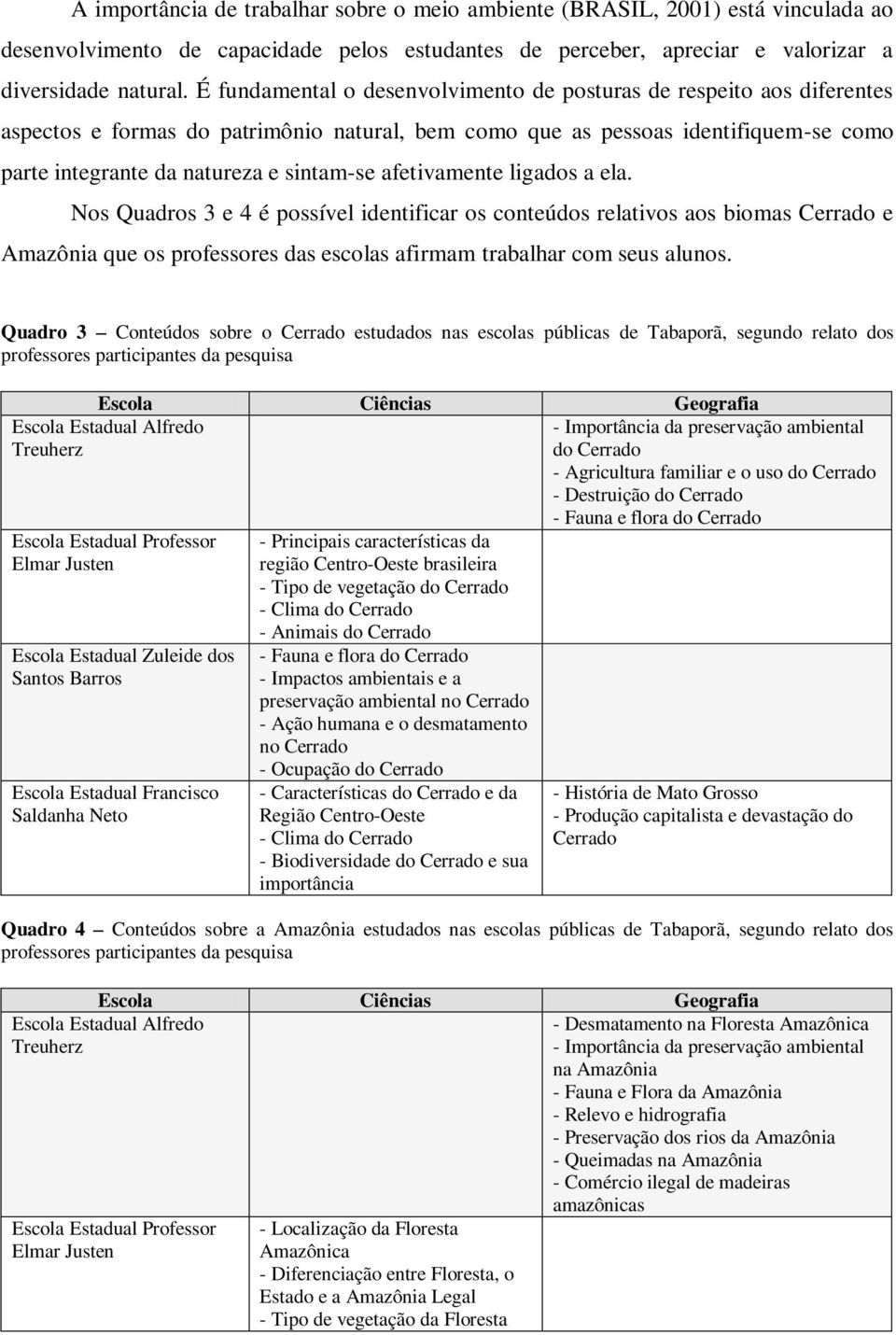 afetivamente ligados a ela. Nos Quadros 3 e 4 é possível identificar os conteúdos relativos aos biomas Cerrado e Amazônia que os professores das escolas afirmam trabalhar com seus alunos.