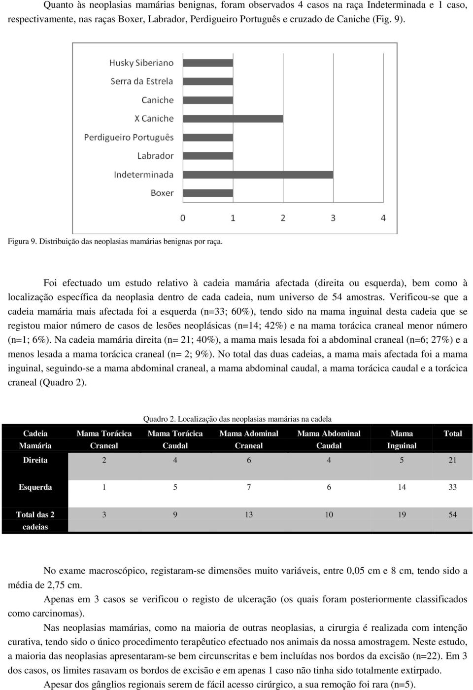 Foi efectuado um estudo relativo à cadeia mamária afectada (direita ou esquerda), bem como à localização específica da neoplasia dentro de cada cadeia, num universo de 54 amostras.