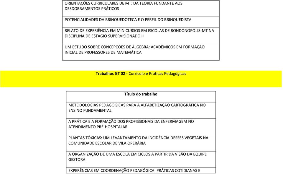 Pedagógicas METODOLOGIAS PEDAGÓGICAS PARA A ALFABETIZAÇÃO CARTOGRÁFICA NO ENSINO FUNDAMENTAL A PRÁTICA E A FORMAÇÃO DOS PROFISSIONAIS DA ENFERMAGEM NO ATENDIMENTO PRÉ-HOSPITALAR PLANTAS TÓXICAS: UM