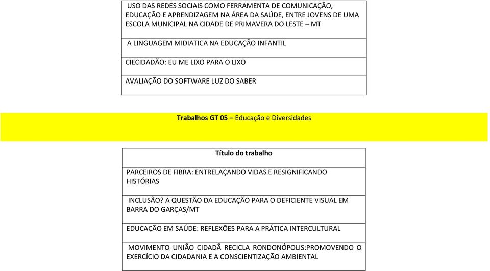 Diversidades PARCEIROS DE FIBRA: ENTRELAÇANDO VIDAS E RESIGNIFICANDO HISTÓRIAS INCLUSÃO?