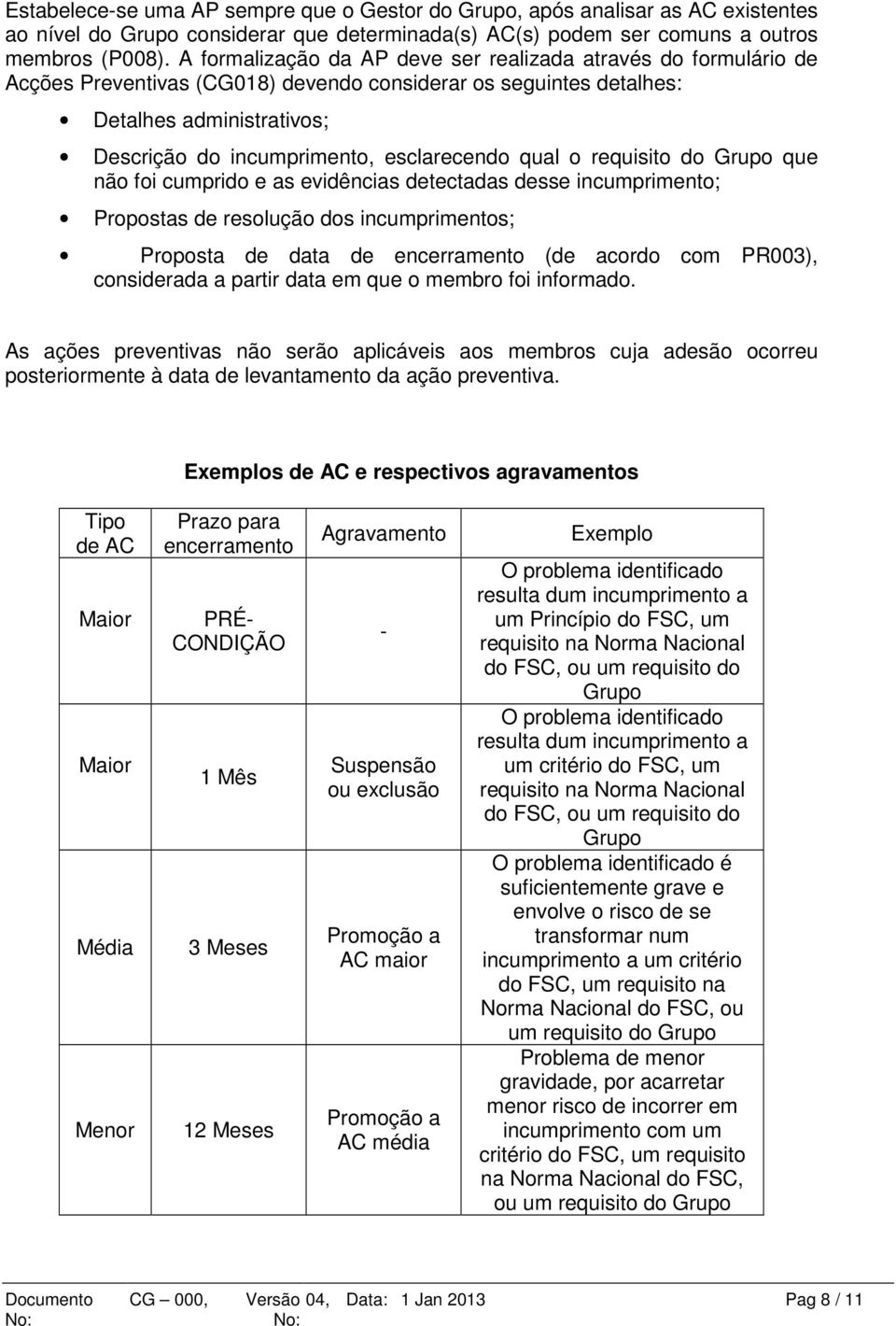 esclarecendo qual o requisito do Grupo que não foi cumprido e as evidências detectadas desse incumprimento; Propostas de resolução dos incumprimentos; Proposta de data de encerramento (de acordo com