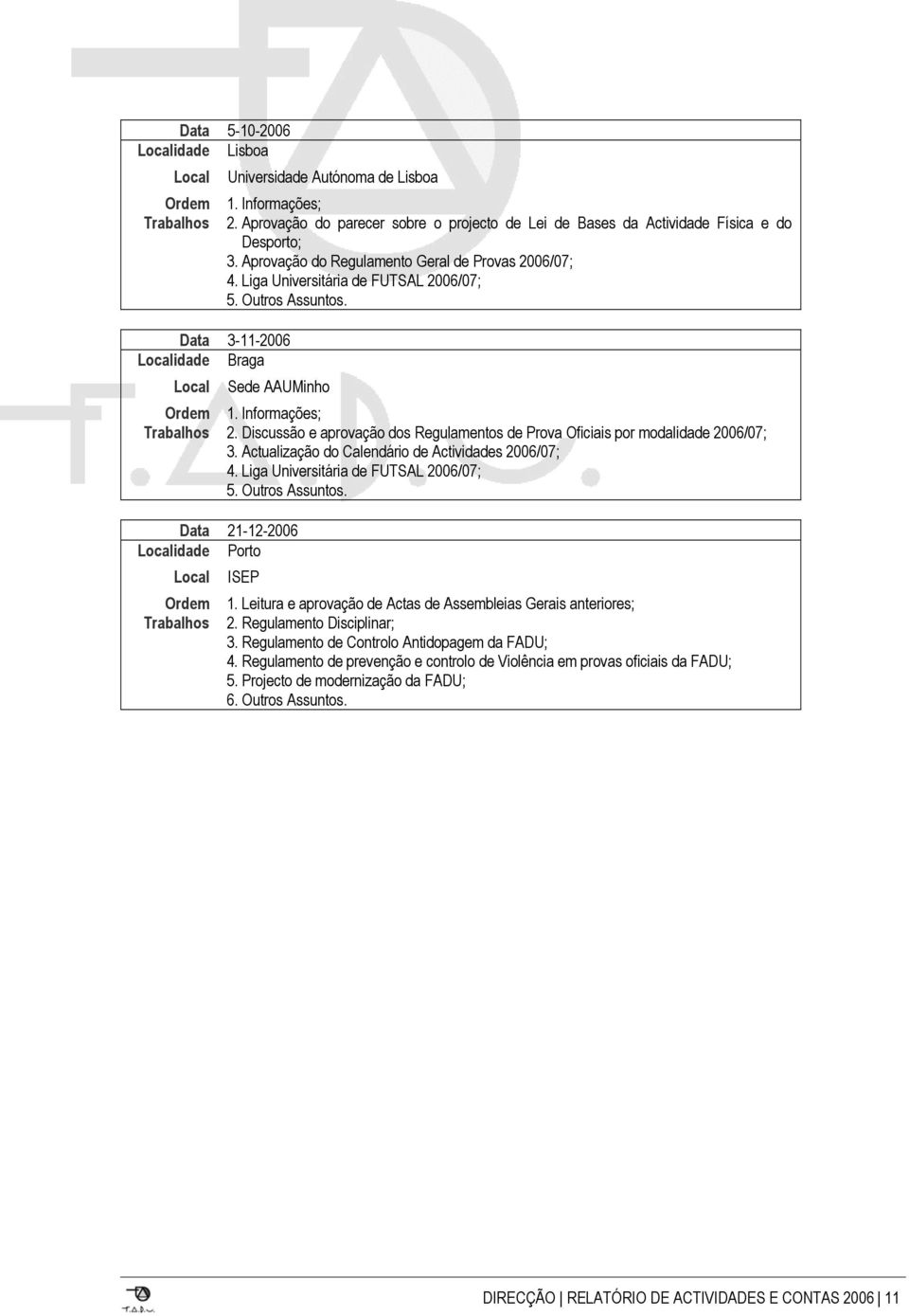 Outros Assuntos. Sede AAUMinho Data 21-12-2006 Localidade Porto Local Ordem Trabalhos 1. Informações; 2. Discussão e aprovação dos Regulamentos de Prova Oficiais por modalidade 2006/07; 3.