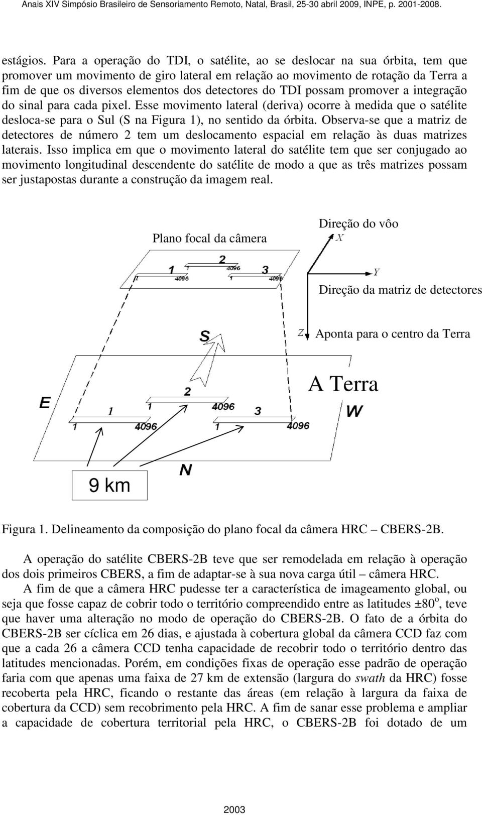 detectores do TDI possam promover a integração do sinal para cada pixel. Esse movimento lateral (deriva) ocorre à medida que o satélite desloca-se para o Sul (S na Figura 1), no sentido da órbita.