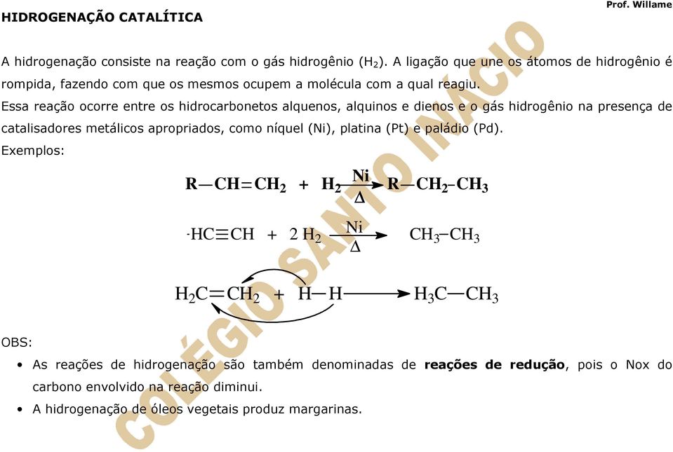 Essa reação ocorre entre os hidrocarbonetos alquenos, alquinos e dienos e o gás hidrogênio na presença de catalisadores metálicos apropriados, como níquel (Ni),